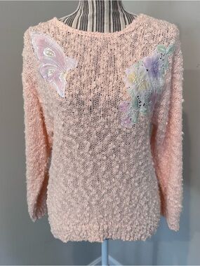Vintage Yarnworks Sz S Pink Floral Crochet Embroidered Pastel Sweater